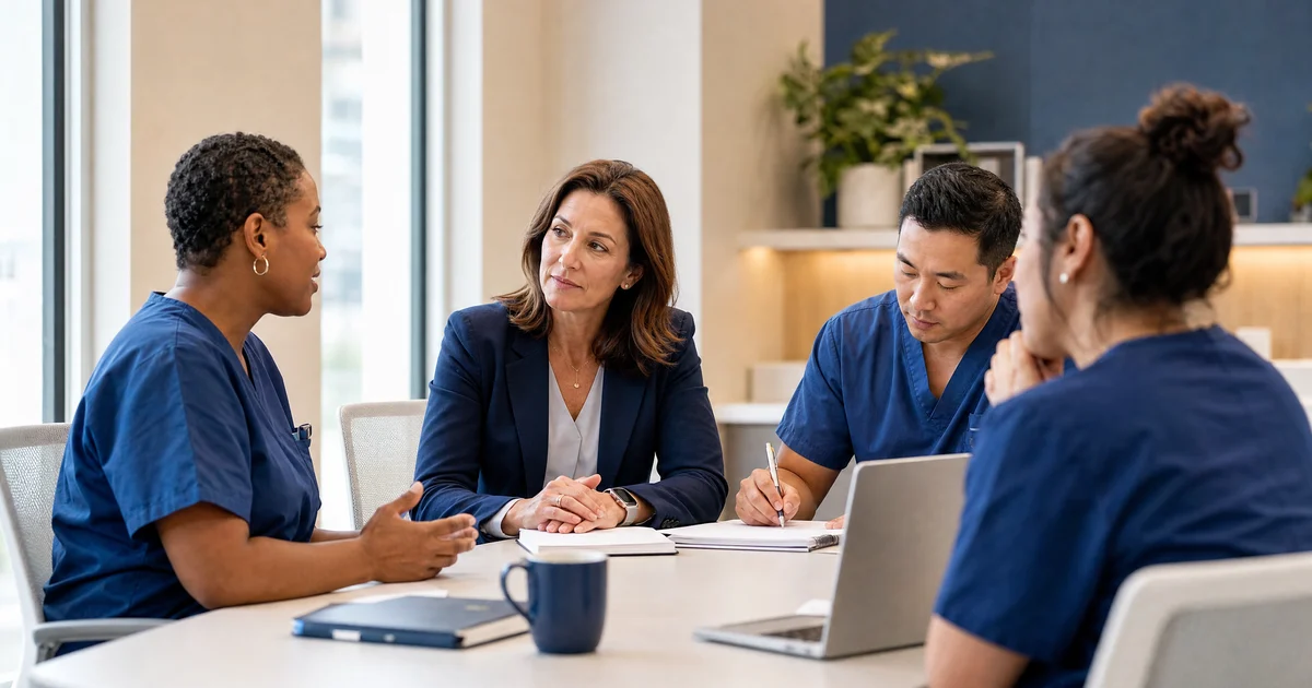 Healthcare operations leader listening to clinical employees during a staff retention discussion