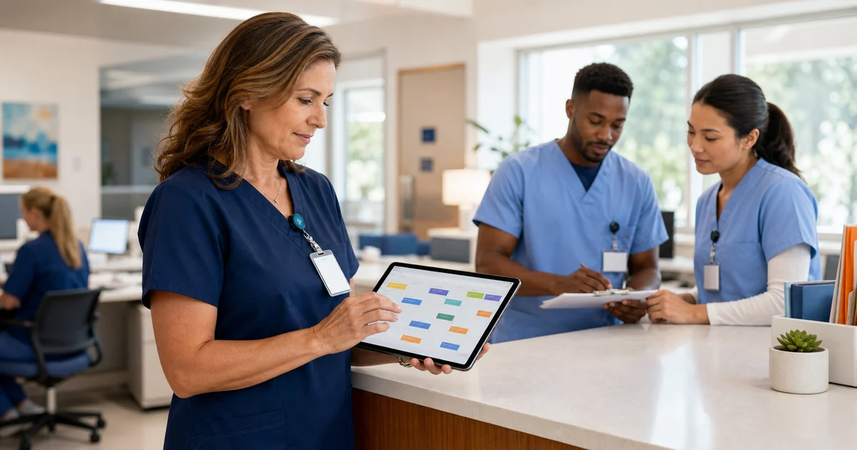 Healthcare staffing coordinator reviewing a digital shift schedule with clinical team members